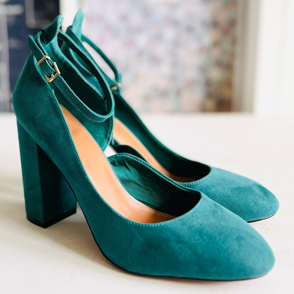 ASOS Teal Suede Block Heel Pumps with Ankle Strap
